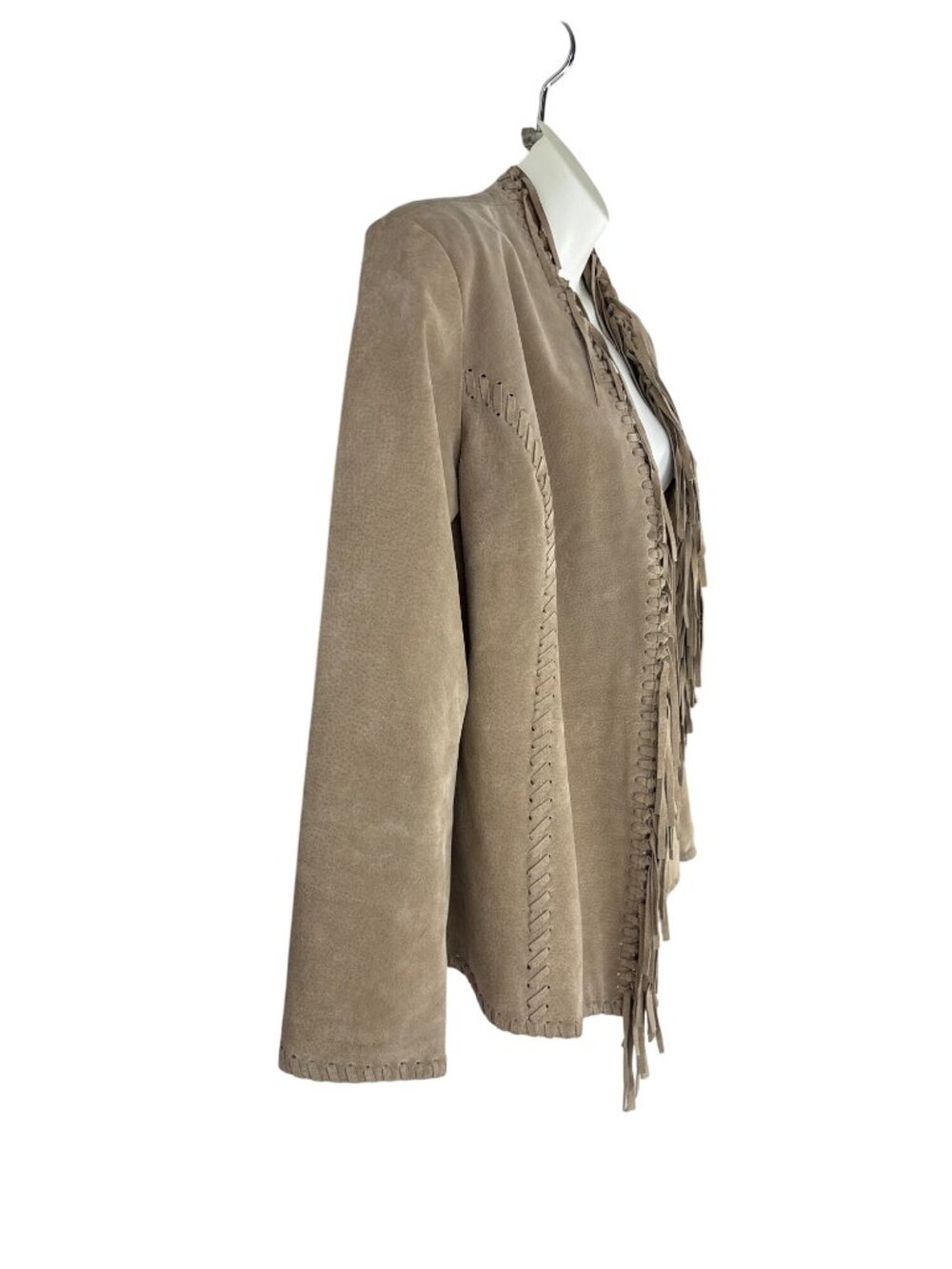 Chico's Suede Leather Fringe Western Jacket Size 2 Large Whipstitch Open Front - Picture 3 of 12